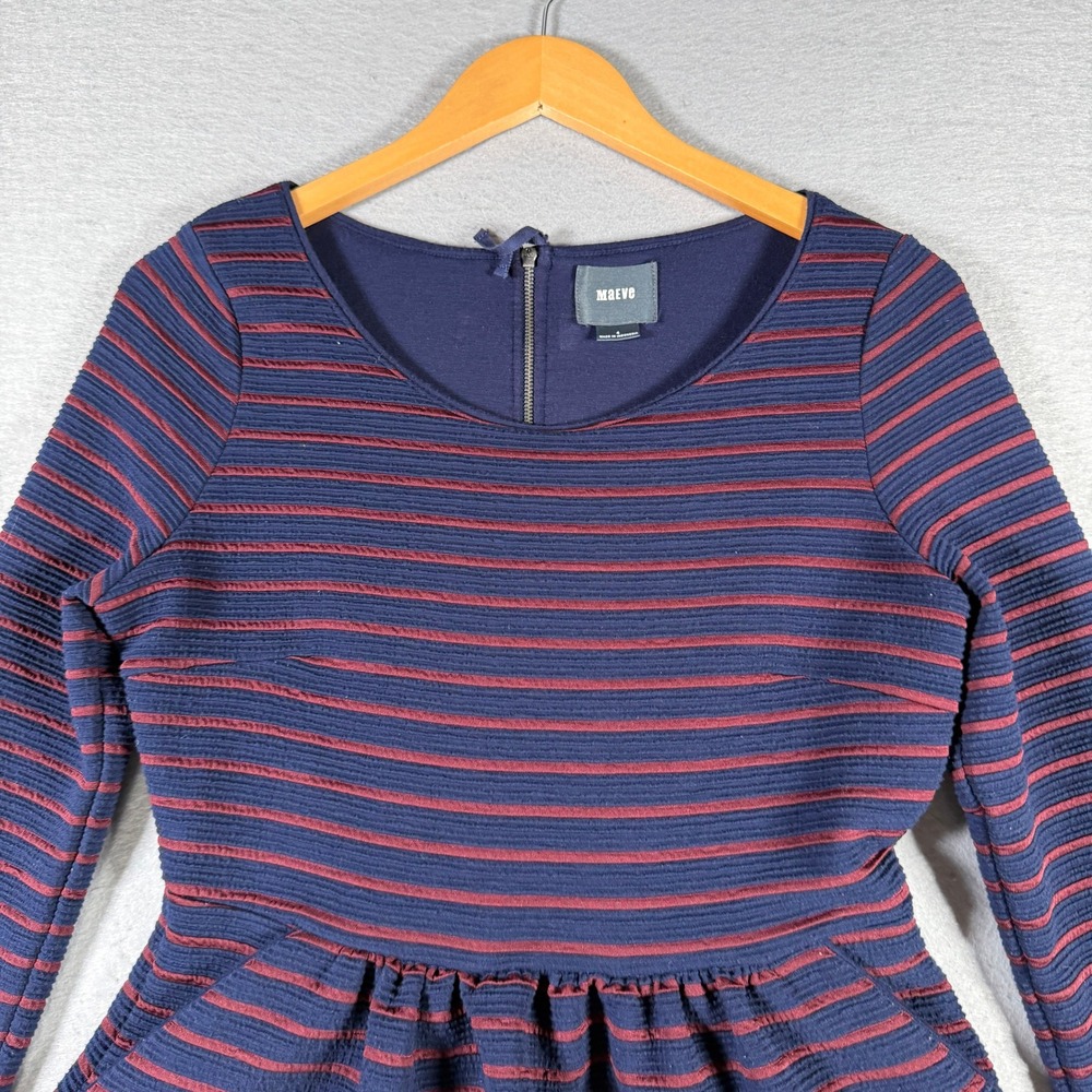 Maeve Anthropologie Navy Burgundy Striped Fit Flare Dress Pockets 3/4 Sleeve 4 - Picture 3 of 13